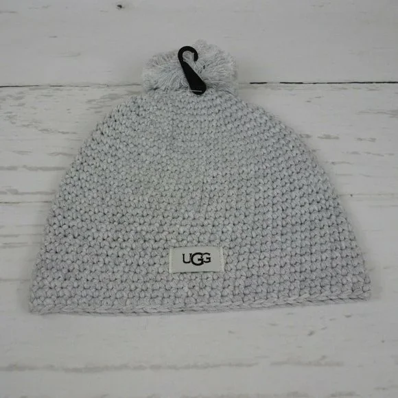 New UGG Pom Pom Knit Beanie Women's Men's Unisex Wool-Blend Logo OS Heather Grey - Picture 2 of 10
